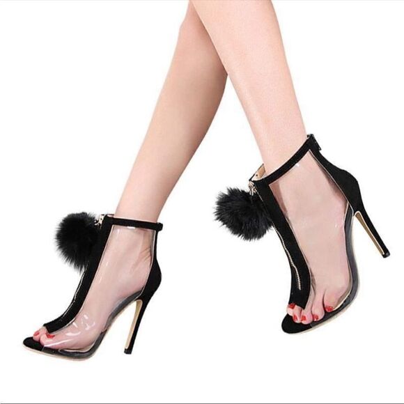 Bai Beiai Clear Peep Toe Heeled Ankle Boots PomPom Zipper Front Black 6 - Picture 6 of 12